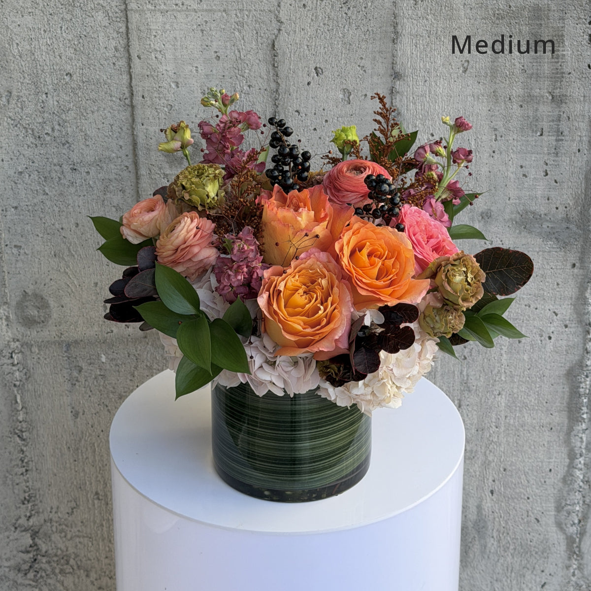 Sienna Medium size autumn vase arrangement with apricot garden roses, ranunculus, hydrangea and smoke bush by BerryBlush Toronto