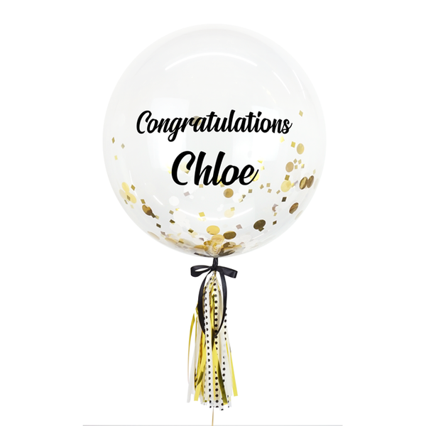 24" Bespoke Confetti Balloon with tassel in Gold colour theme. Available for delivery in GTA area from BerryBlush Party.