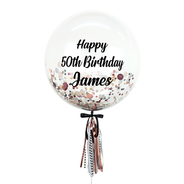 24" Bespoke Confetti Balloon with tassel in Black and Copper colour theme. Available for delivery in GTA area from BerryBlush Party.